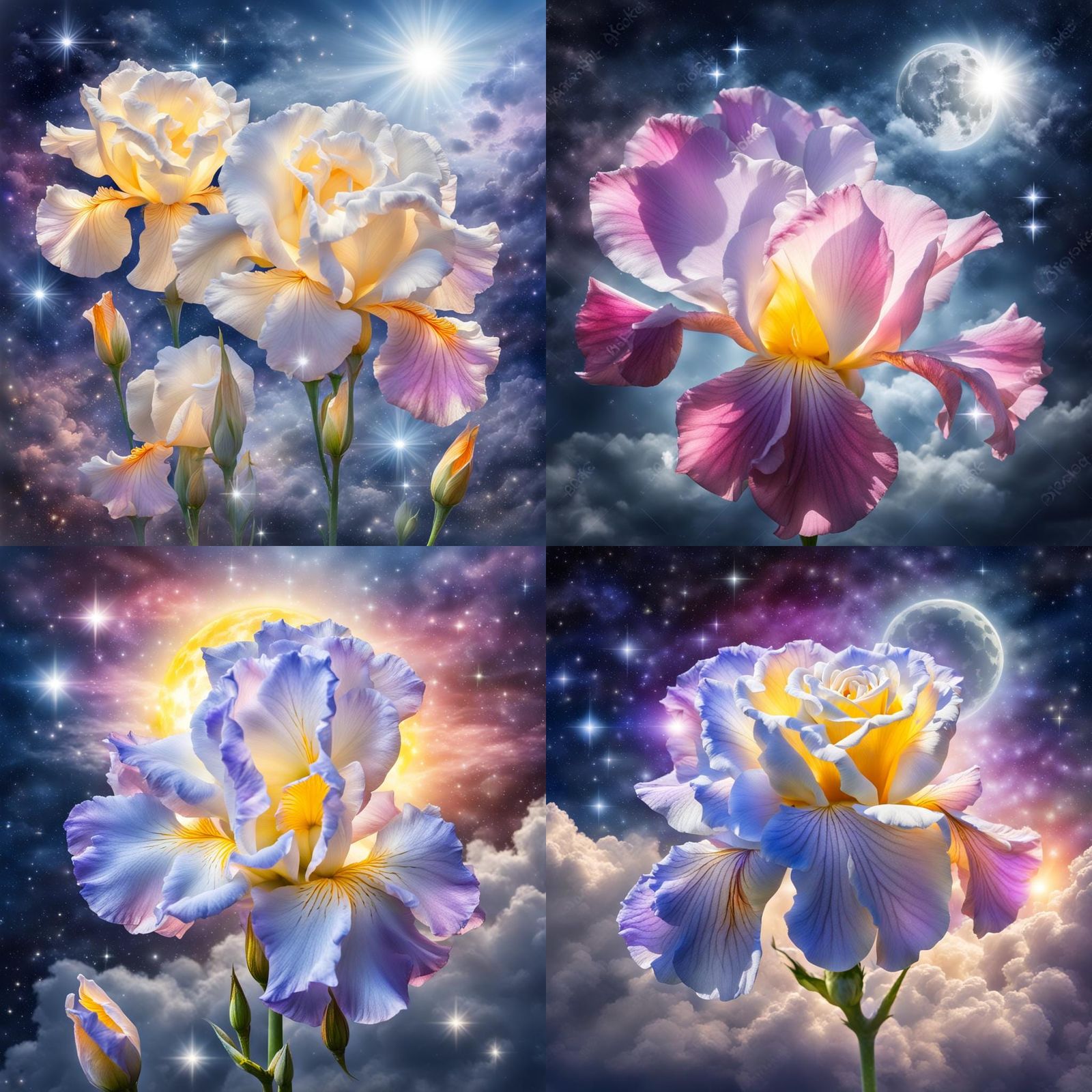 Hybrid Rose Iris Flower in Moonlight, Fantasy Art