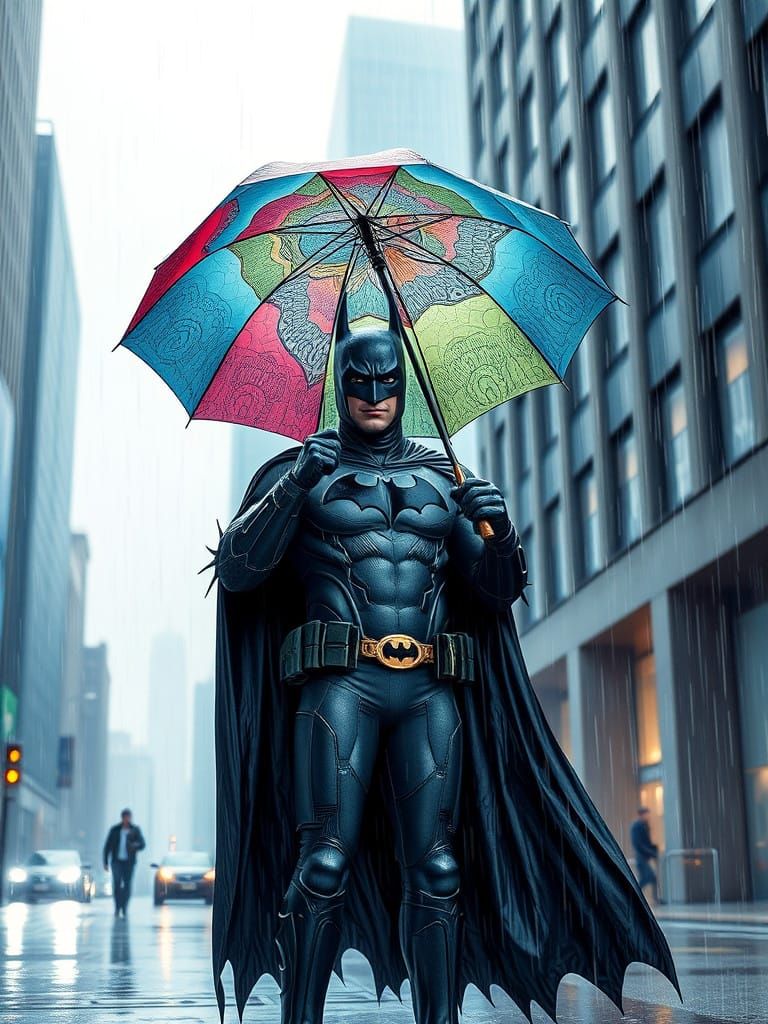 Batman Stands in Gotham City Rain, Shielded by Fractal Umbre...