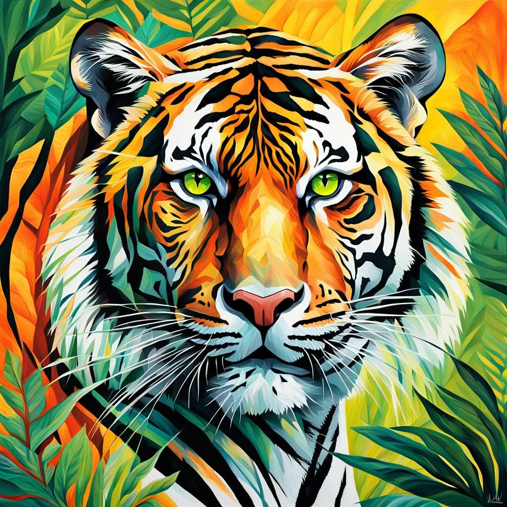Vibrant Tiger Portrait in Abstract Jungle Setting