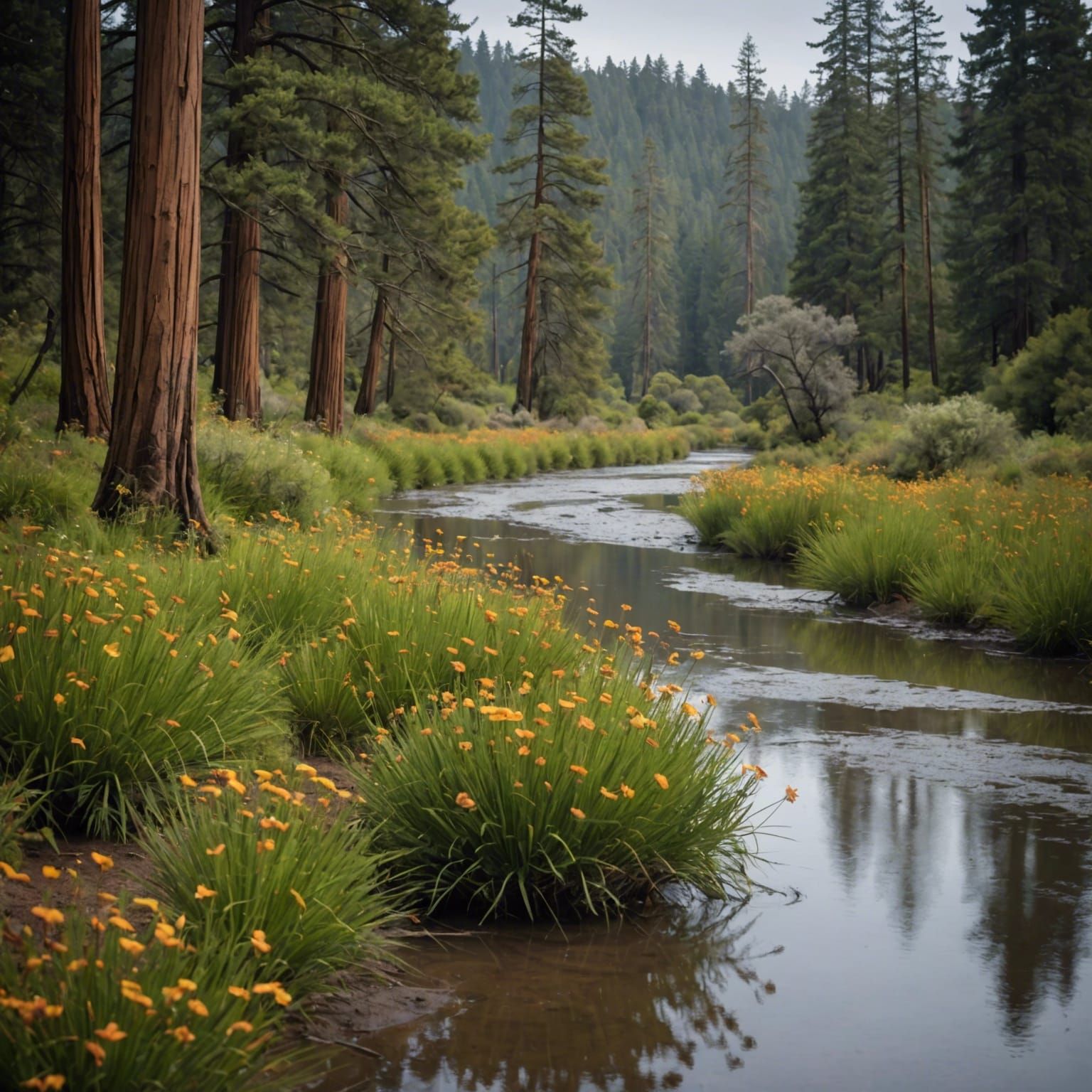 Subtropical Redwood Floodplain with Angiosperm Flowers