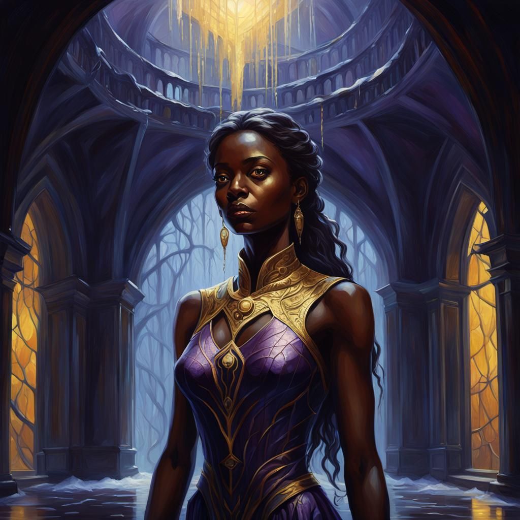 Elegant Woman with Gold Cracks in Dark Fantasy Art