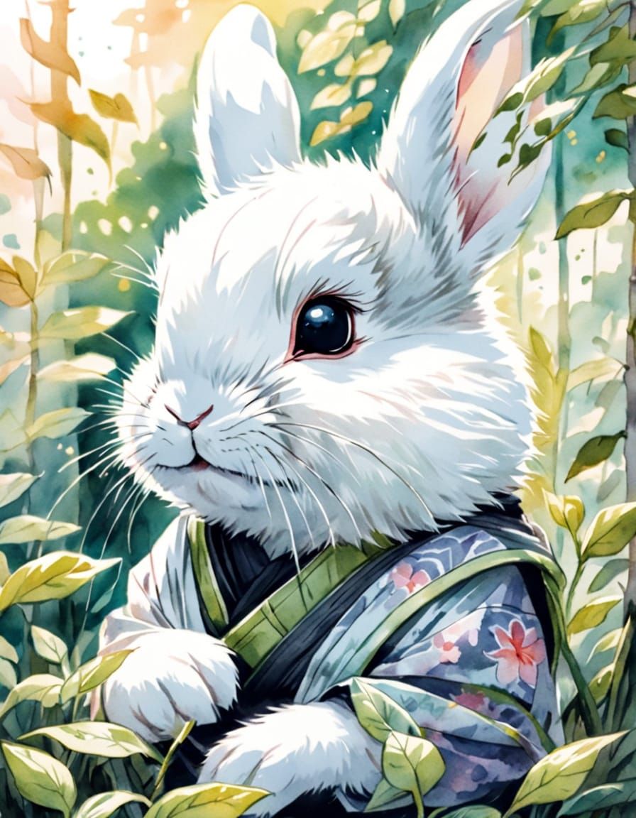 Ninja Bunny in Decayed Garden: Japanese Watercolor Art