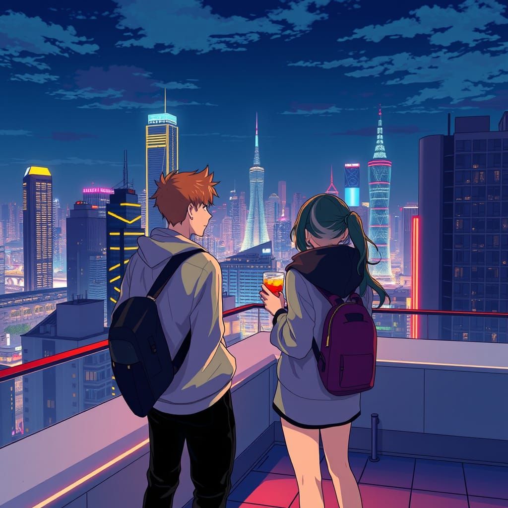 Stylish Anime Couple Takes in City Nightlife