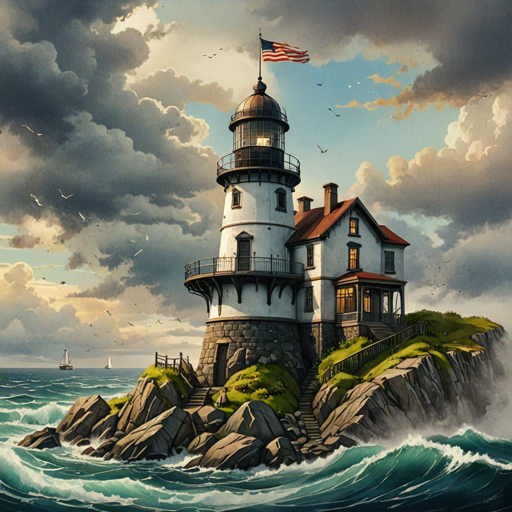 Luminous Lighthouse in Vibrant Watercolor Fantasy
