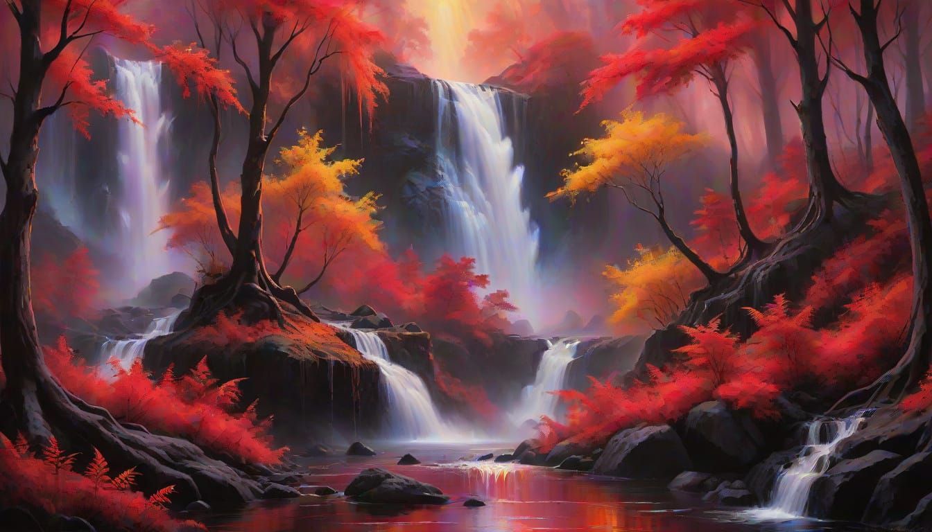 Mystical Forest Unveiled by Fiery Waterfall in Vibrant Oil P...