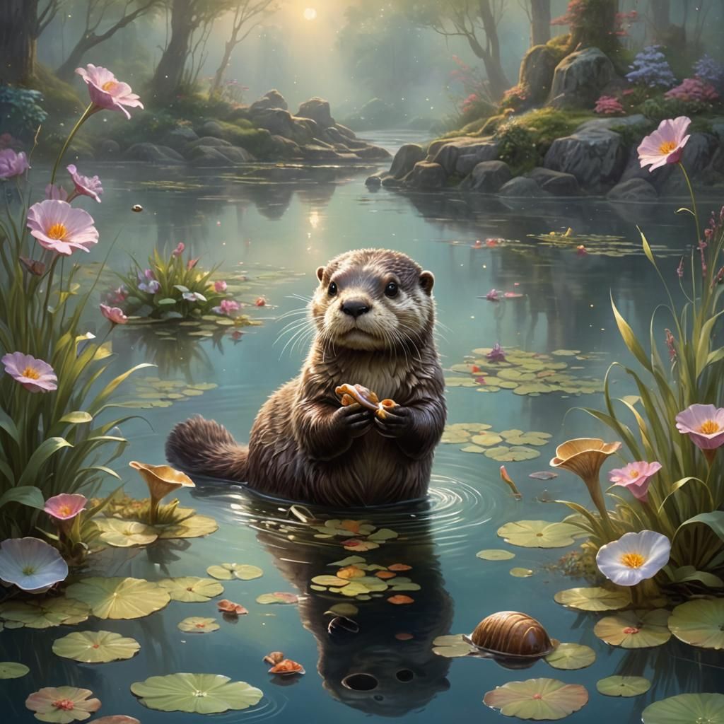 Cute Otter Munching Clam in Ethereal Pond