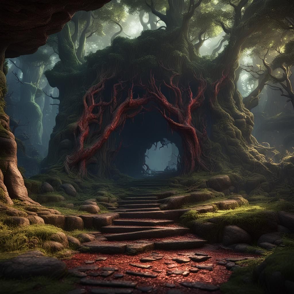 Dark Fantasy Forest Cave Entrance in 3D