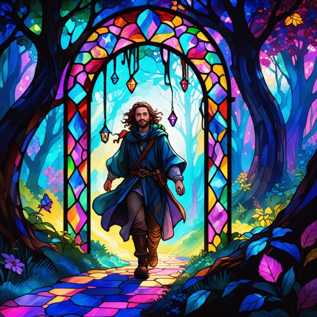 Enchanted Forest Wanderer in Luminous Stained Glass Art
