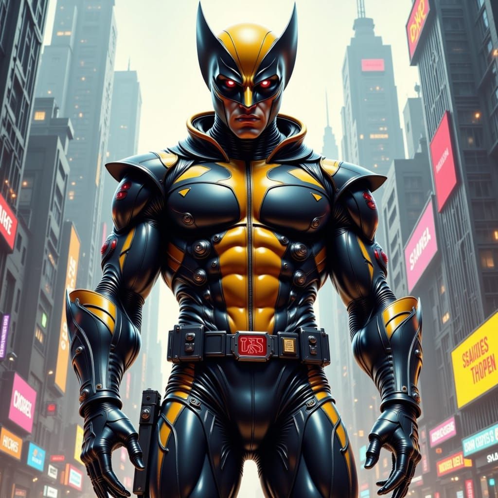 Futuristic Wolverine in Dystopian Cyberpunk Cityscape