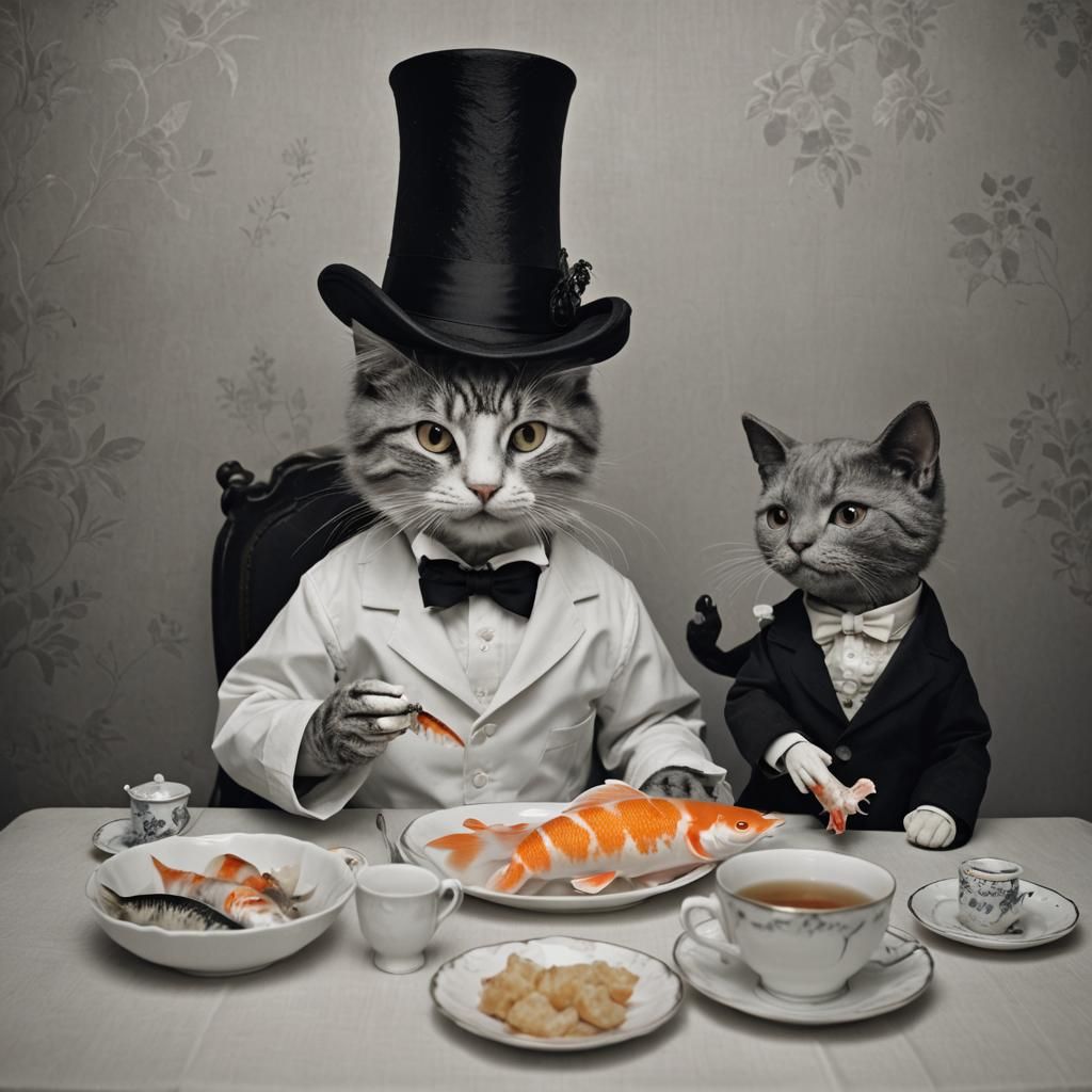 Cat, Doll, and Koi Tea Party in Black and White