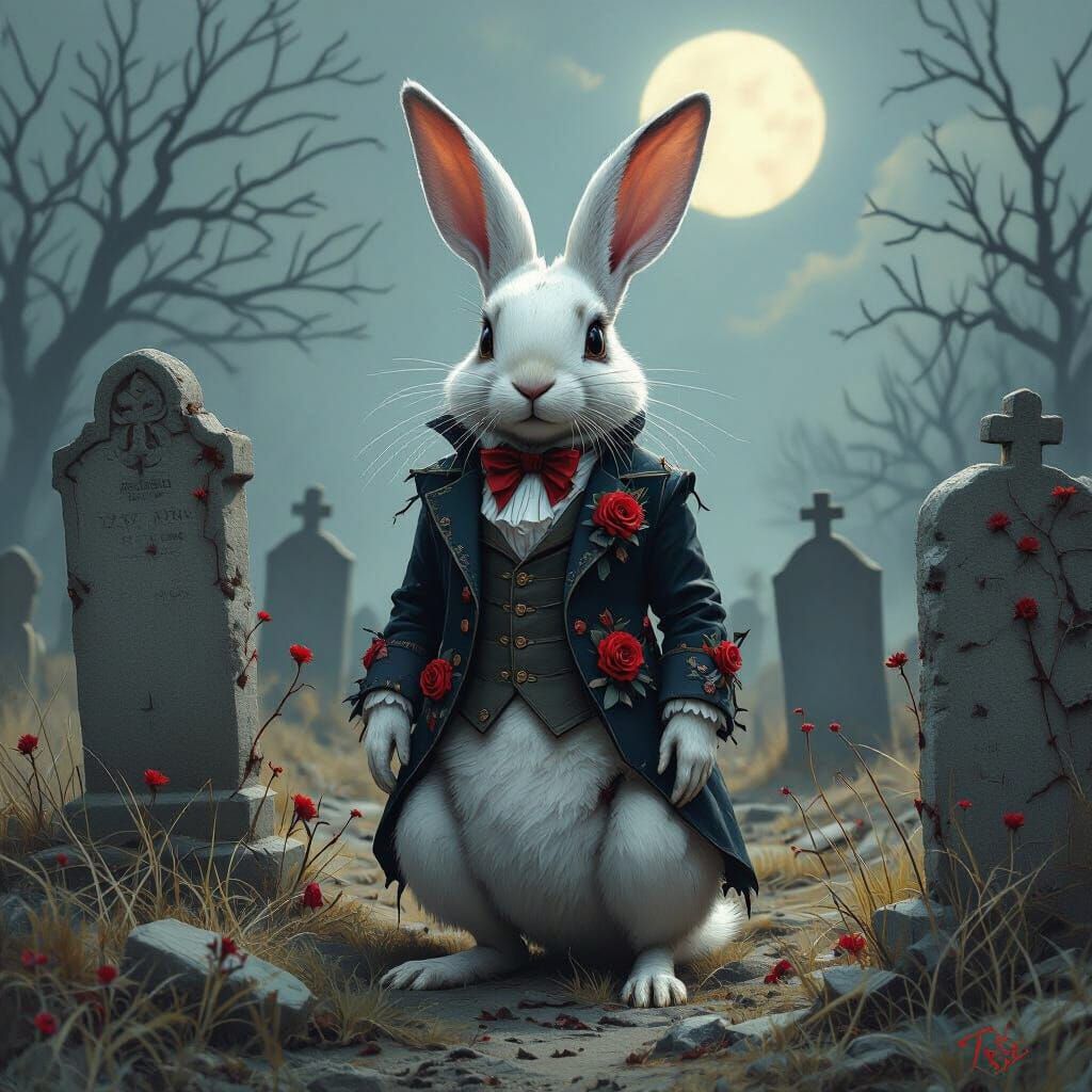 Skeletal Rabbit in Graveyard, Gothic Dark Fantasy Art