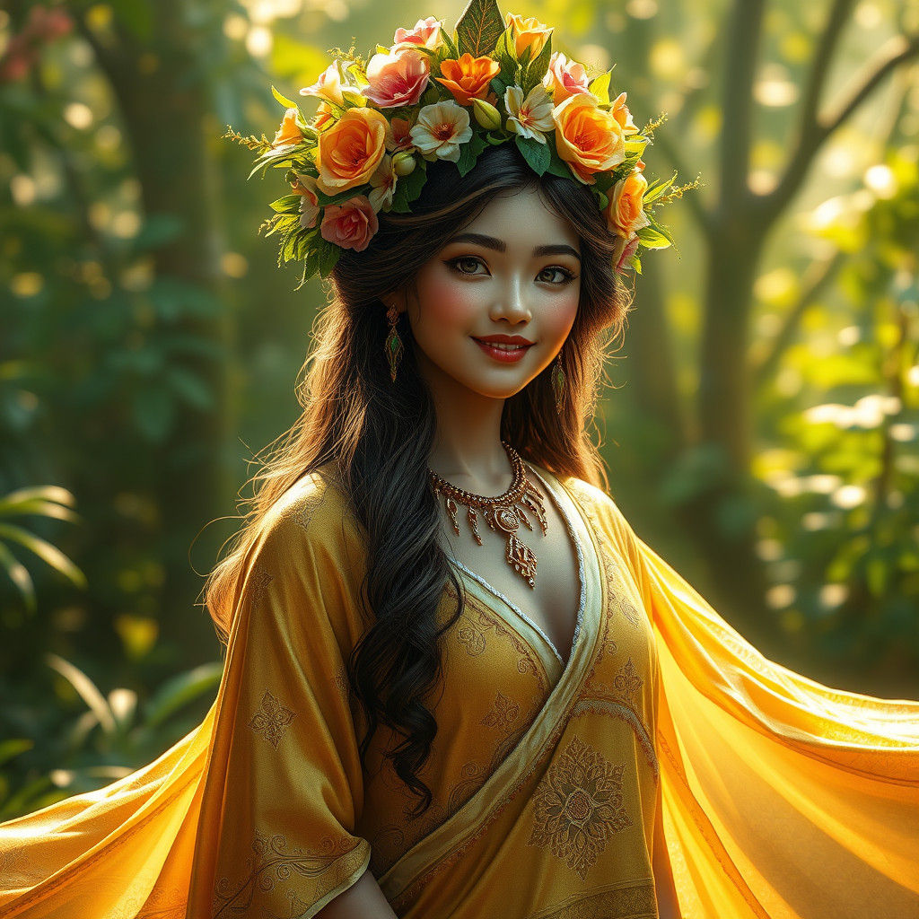 Goddess of Life with Floral Crown in Matte Painting Style