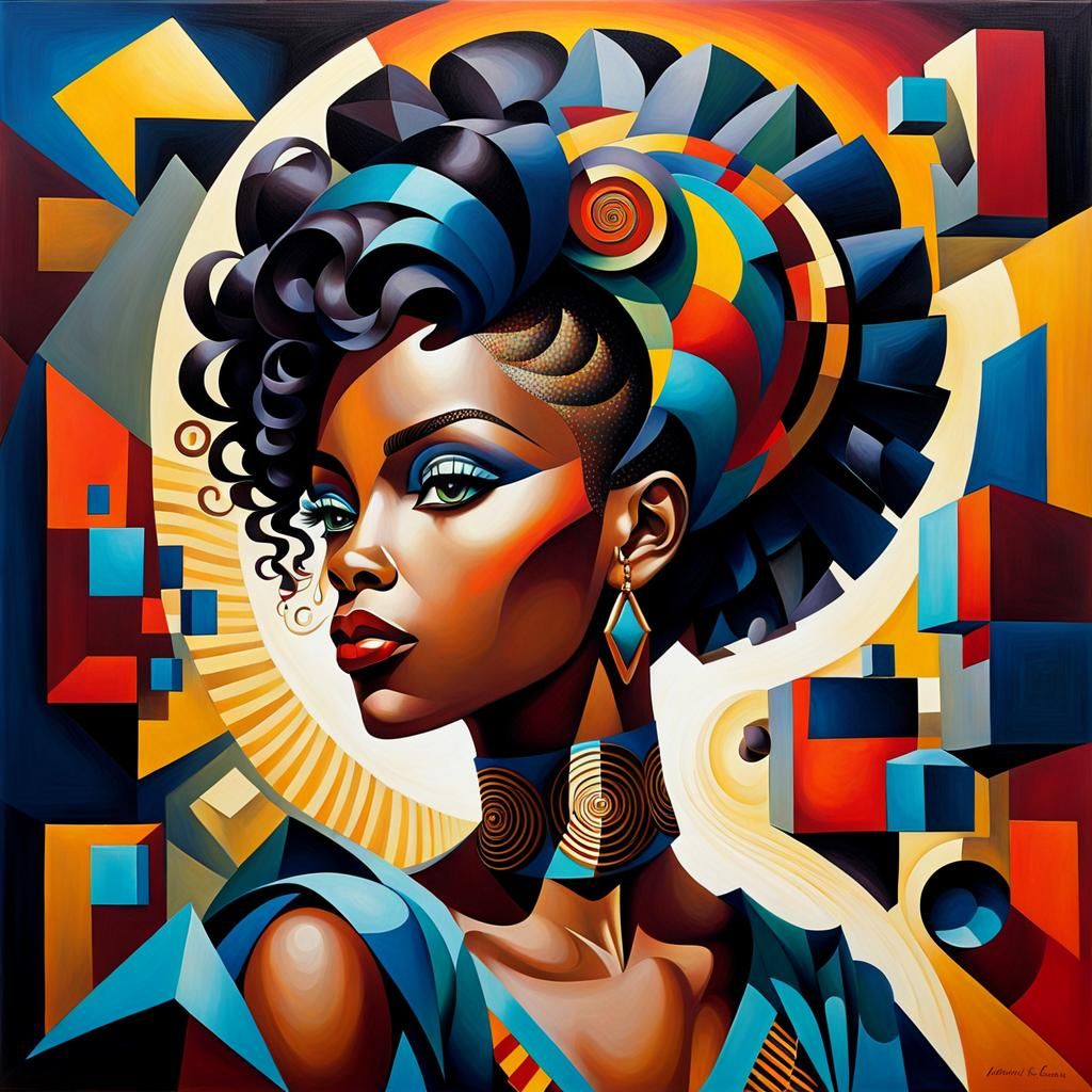 Cubist Painting of an African-American Woman in Steampunk St...