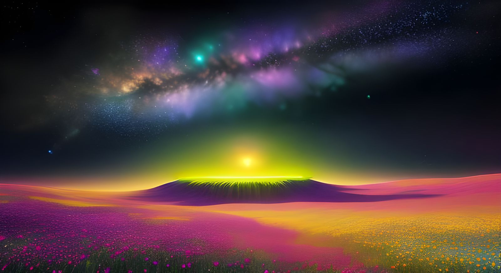Serene Meadow Cosmic Landscape with Vibrant Nebulae and Shoo...