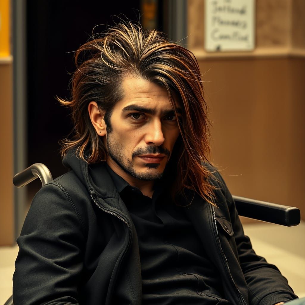 Man in Wheelchair Tattooed with Number 8 Long Brown Braids