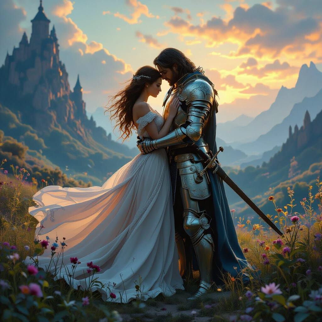 Knight and Lady Embrace in Dreamlike Fantasy Landscape