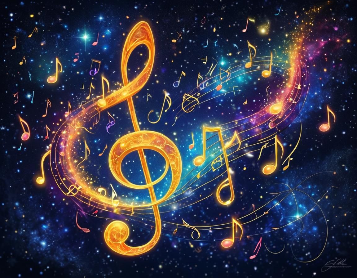 Ethereal Glowing Musical Notes in Starry Night Sky