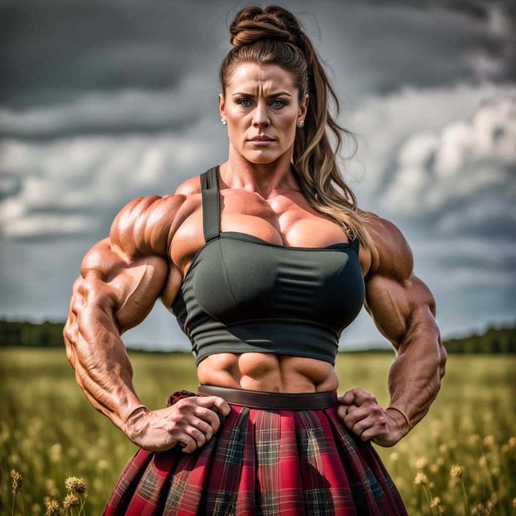 Muscular Milkmaid in Meadow: Hyperrealistic Portrait