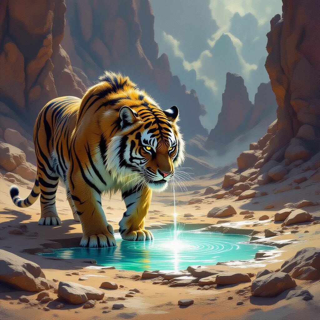 Sabertooth Tiger Approaches Mystical Oasis in Dark Fantasy A...