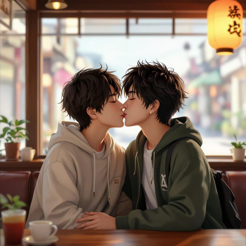 Romantic Kiss in Japanese Café: Anime-Inspired 3D Art