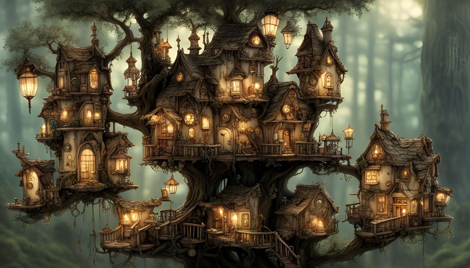Romantic steampunk Tree houses à la Anton Pieck