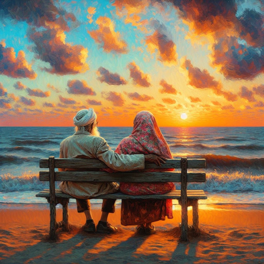 Elderly Couples Enjoying Sunset in Impressionist Style