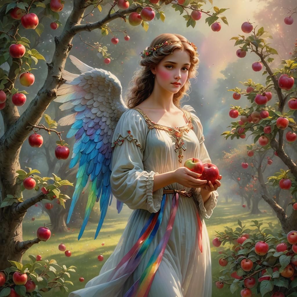 Ethereal Angel With Rainbow Wings in Orchard
