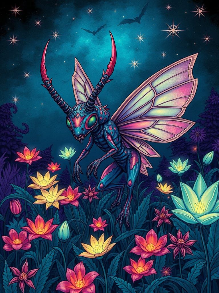 Fairy Monster in Bioluminescent Garden: Dark Fantasy Manga