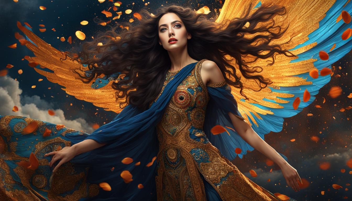 Woman in Flight: Detailed Matte Painting in Klimt Style