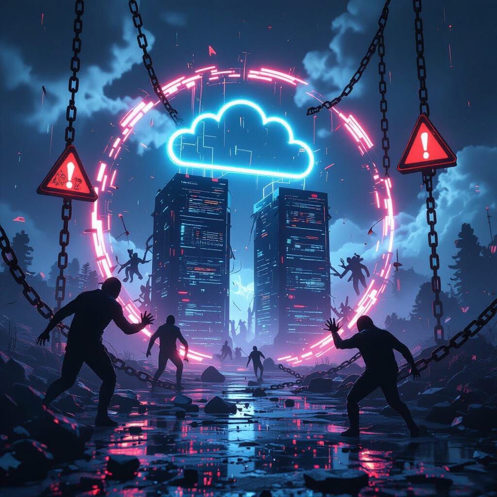 Cyberpunk Digital Realm: Cloud Icons, Warning Signs, and Sha...