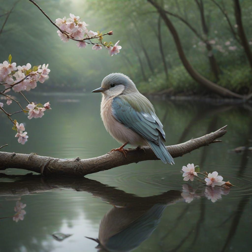 Pastel Bird on Branch Over Reflective Water