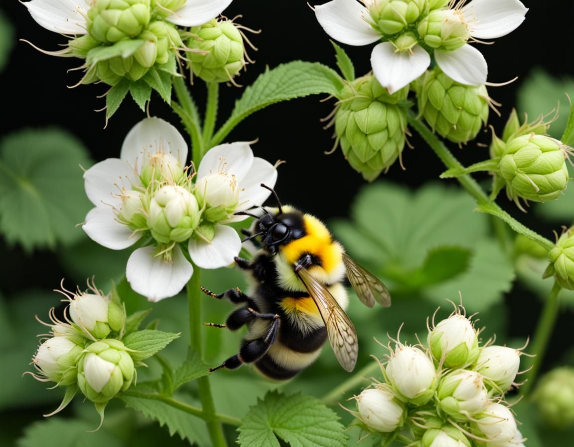 Shaggy Bumblebee Pollinating Hop Flower in Macrophotography
