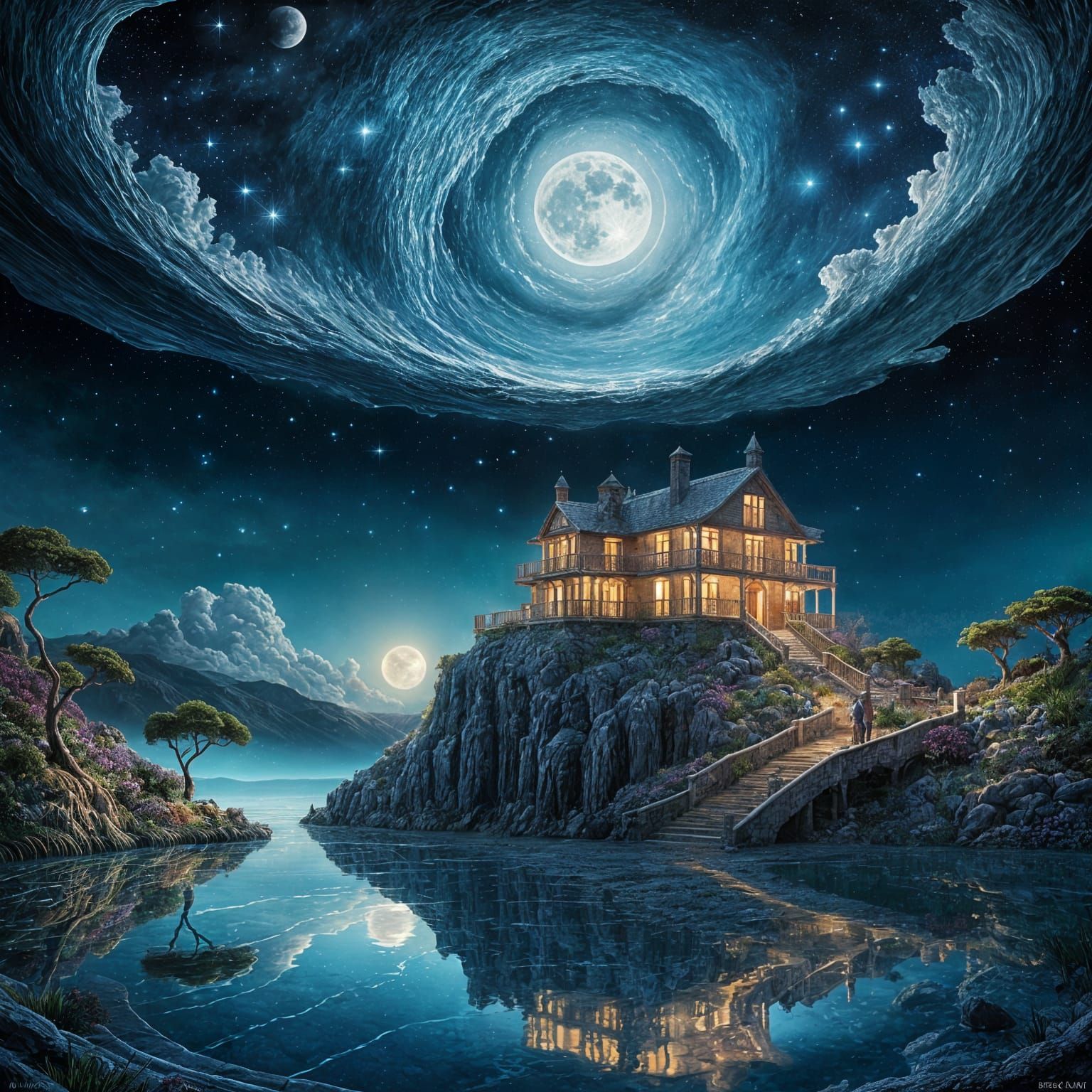 Intricate Moonlit Sky Above Spanish Villa