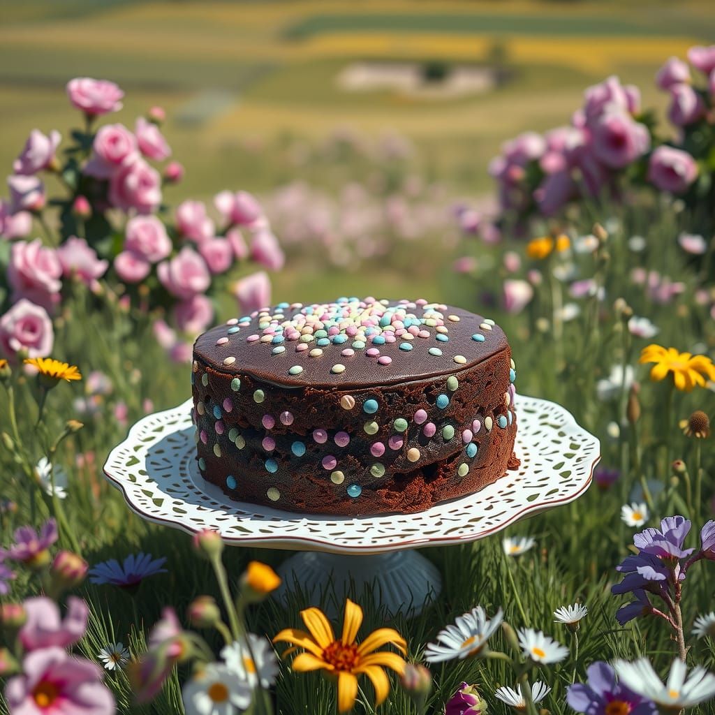 Chocolate Cake in Field, Impressionist Painting Style