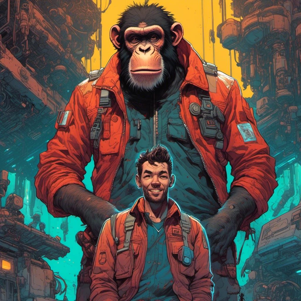 Retrofuturistic Mechanic and Chimpanzee by Spaceship