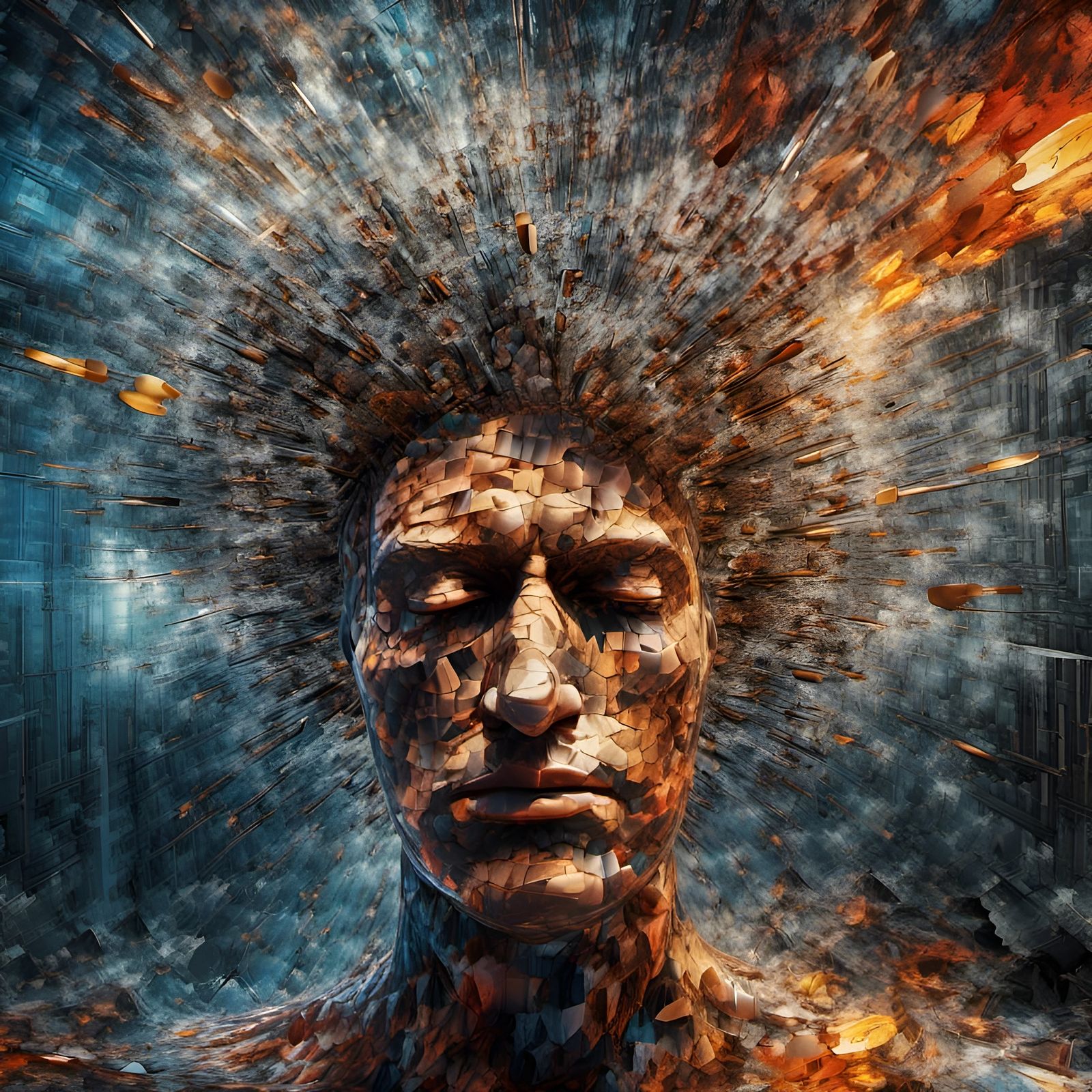 Explosive Abstract Head in Hyperrealistic Style