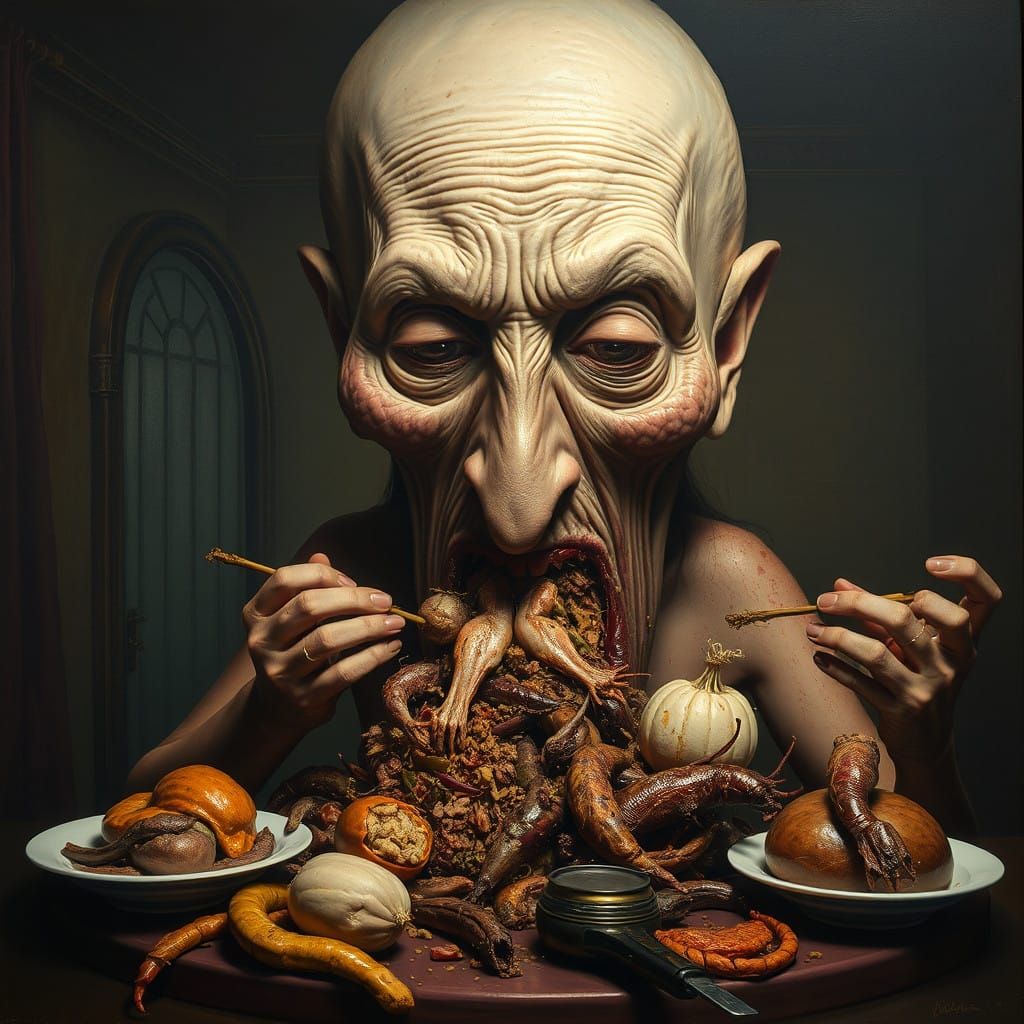 Distorted Woman Devours Grotesque Delicacies in Hellish Dini...
