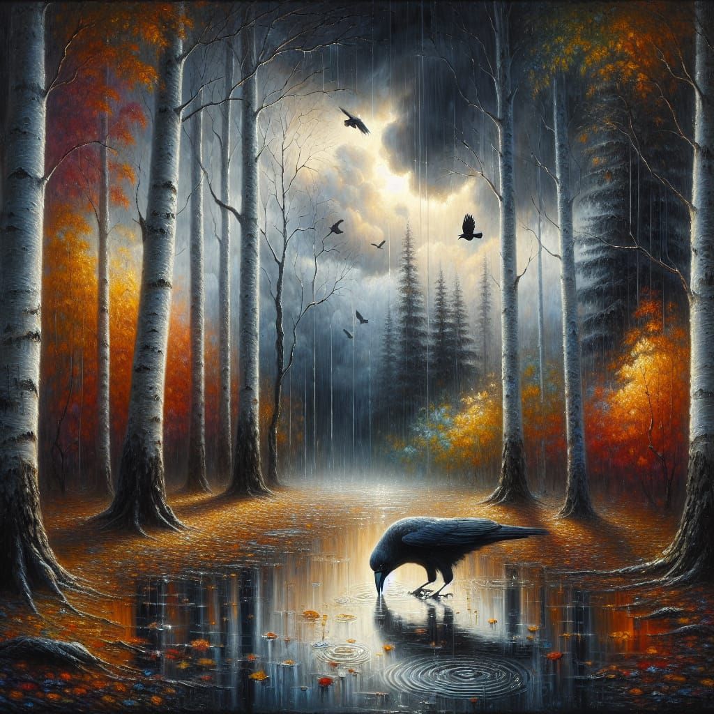 Mysterious Crow in Autumn Forest