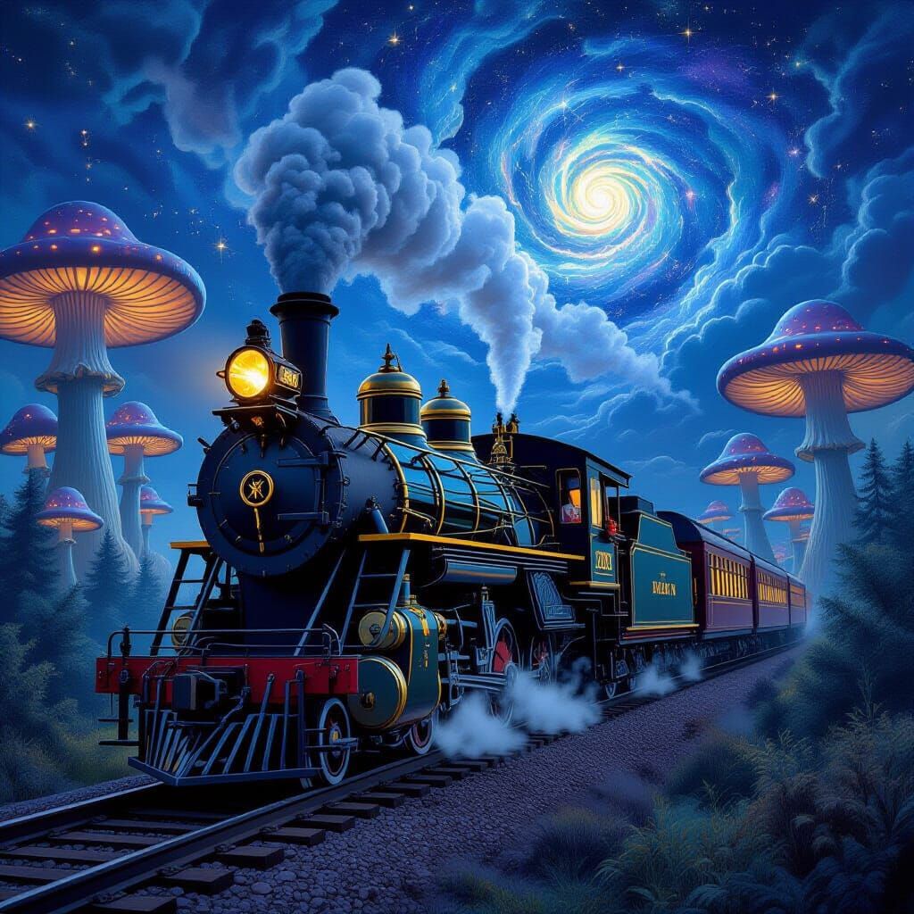 Victorian Steam Train Through Mushroom Forest Nebula