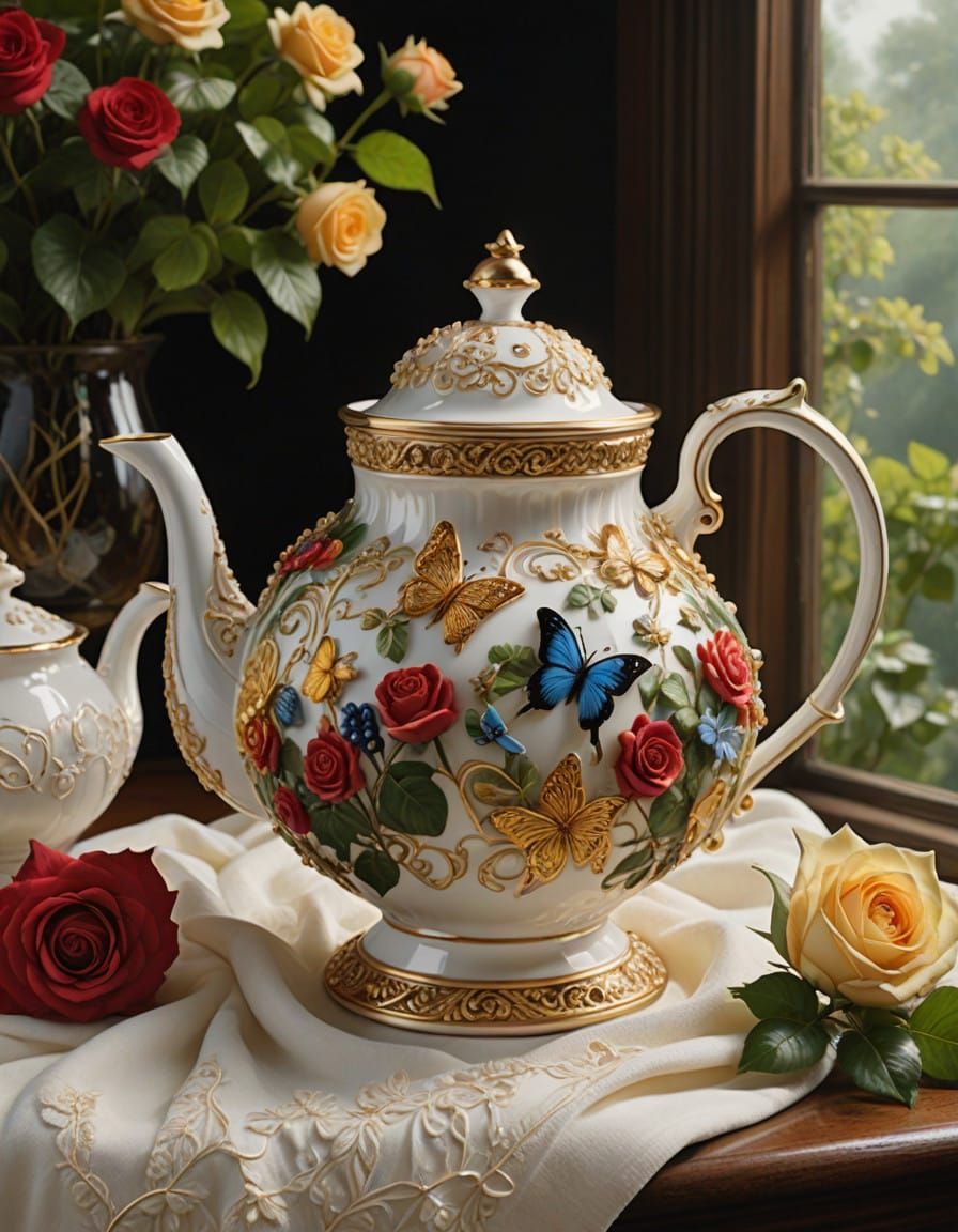 Porcelain Teapot in Antique Style with Intricate Roses and P...