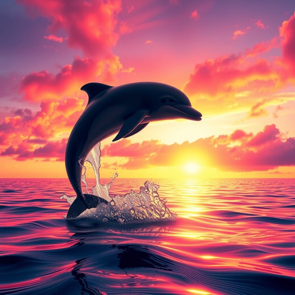 Dolphin Silhouette Leaping at Sunset with Neon Glow