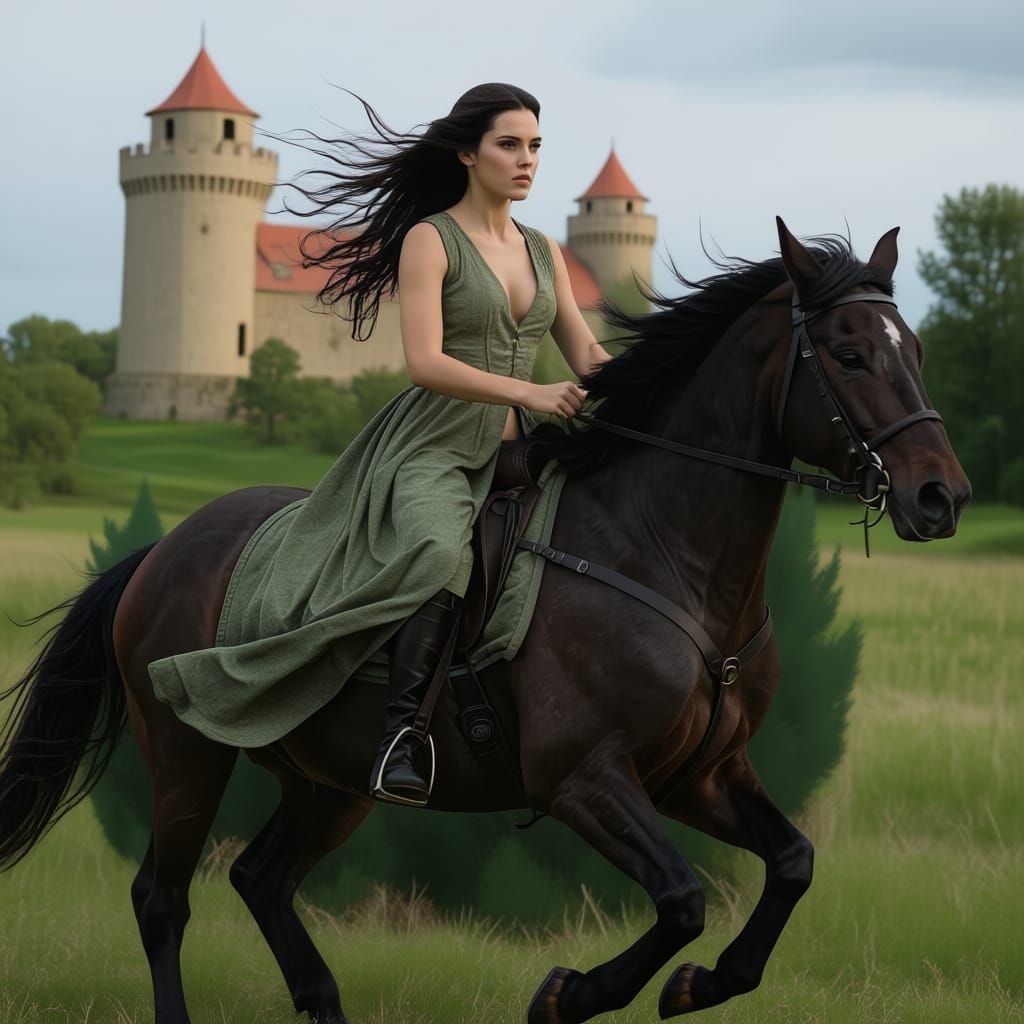Cinematic Medieval Scene: Woman on Galloping Horse