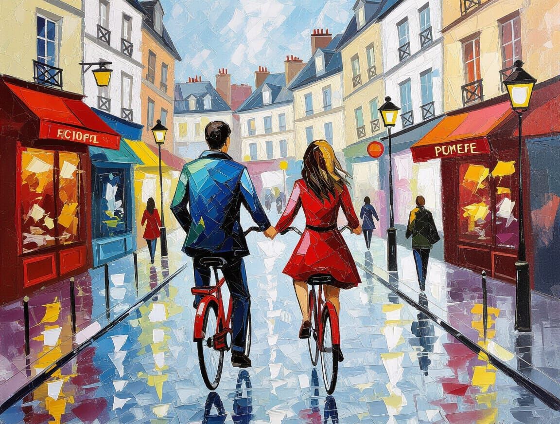 Couple Cycling in Paris, Abstract Expressionist Painting