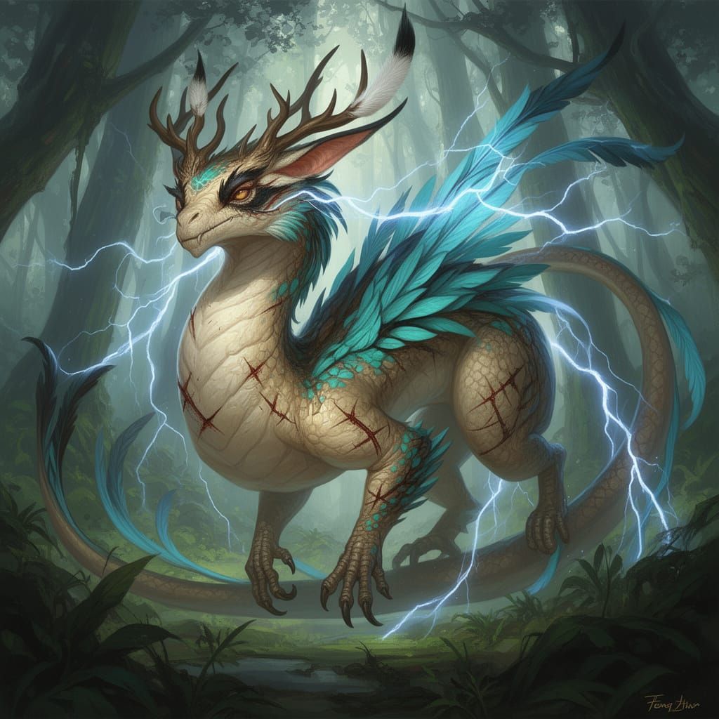Colossal Dragon in Verdant Forest with Electric Energy