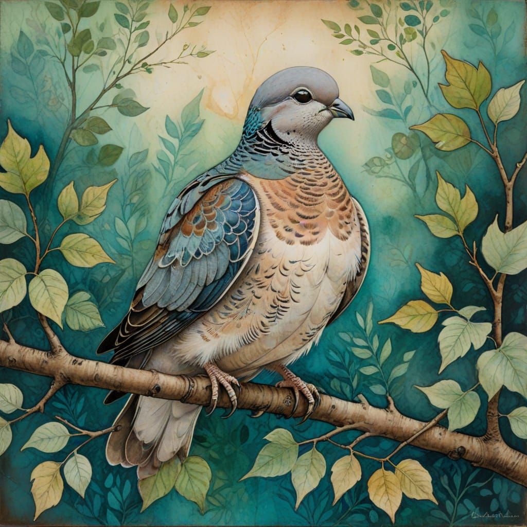 Watercolor Turtle Dove Art by Arthur Rackham