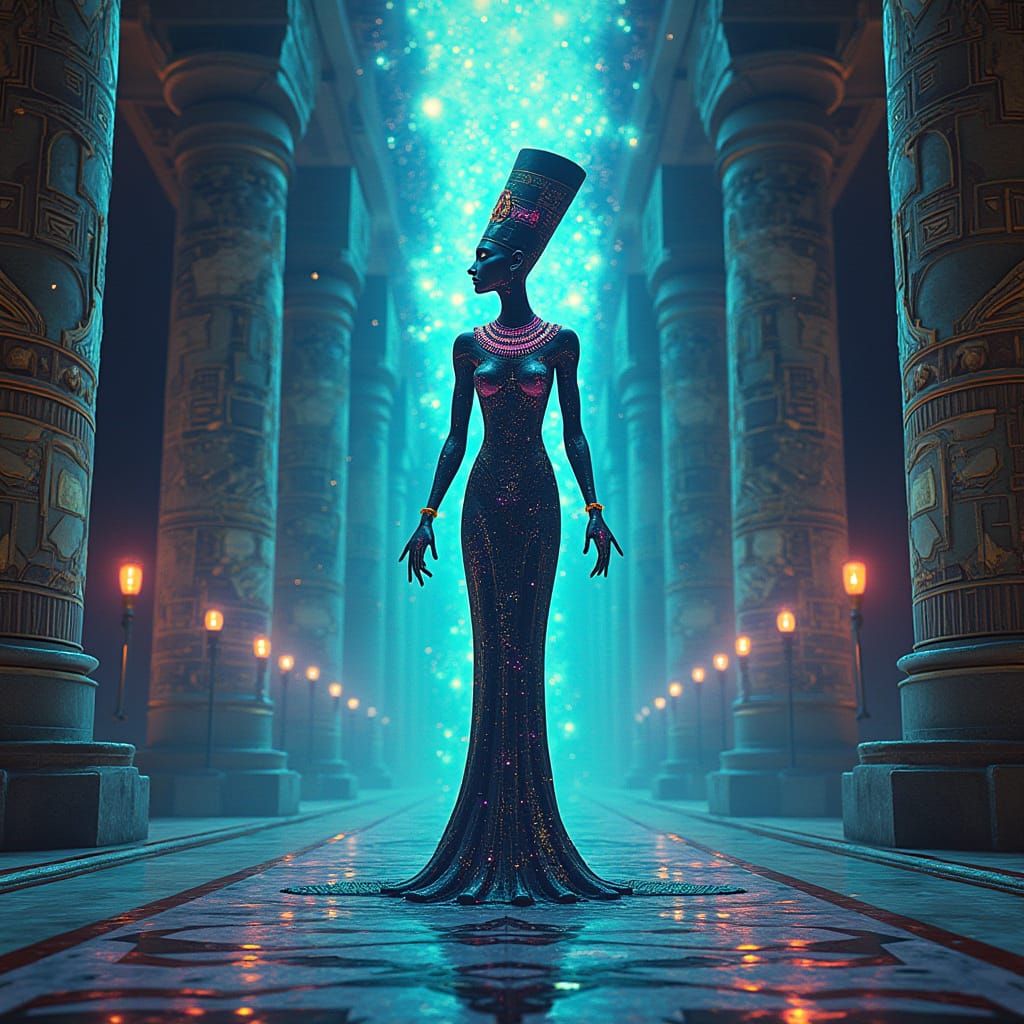 Queen Nefertiti: Digital Goddess in Cyberpunk Art Nouveau