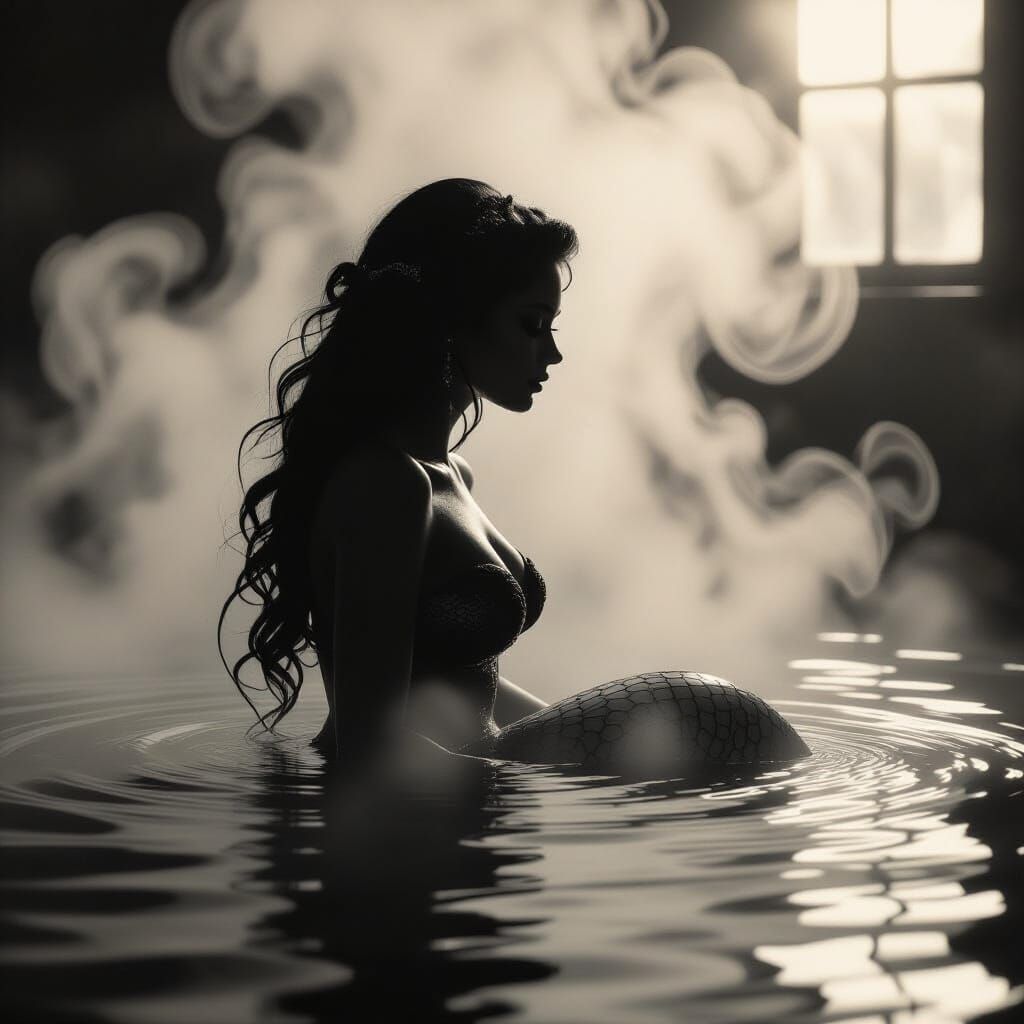 Mermaid Silhouette in Coffee Steam: Cinematic Film Still