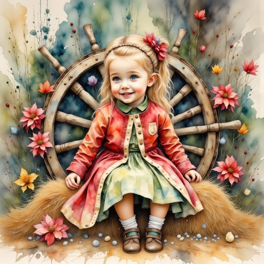 Whimsical Toddler on Hay Bale as Wet Watercolor Painting