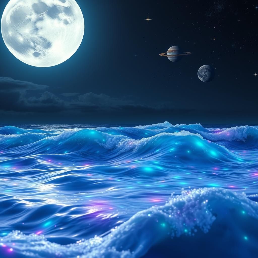 Bioluminescent Moon and Planets Over Neon Waves