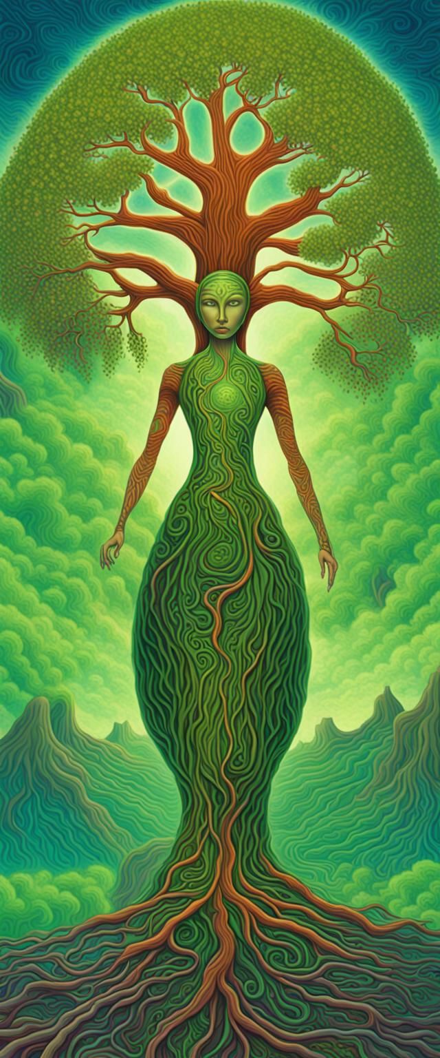 woman adorned in green dress, psytrance art, tall root tree scene, Alex Grey influence, walking amidst rising planet, or...